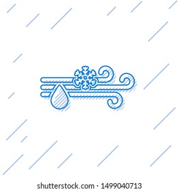 Blue line Wind and rain with snow icon isolated on white background. Windy weather.  Vector Illustration