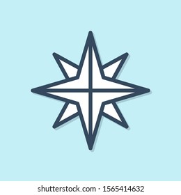 Blue line Wind rose icon isolated on blue background. Compass icon for travel. Navigation design.  Vector Illustration