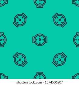 Blue line Wind rose icon isolated seamless pattern on green background. Compass icon for travel. Navigation design.  Vector Illustration