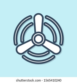 Blue line Wind turbine icon isolated on blue background. Wind generator sign. Windmill for electric power production.  Vector Illustration
