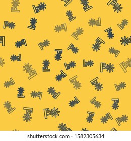 Blue line Wind turbine icon isolated seamless pattern on yellow background. Wind generator sign. Windmill for electric power production.  Vector Illustration