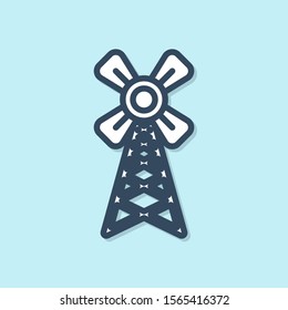 Blue line Windmill icon isolated on blue background.  Vector Illustration