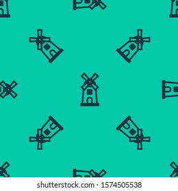 Blue line Windmill icon isolated seamless pattern on green background.  Vector Illustration
