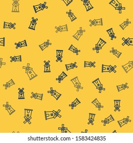 Blue line Windmill icon isolated seamless pattern on yellow background.  Vector Illustration