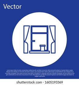 Blue line Window with curtains in the room icon isolated on blue background. White circle button. Vector Illustration