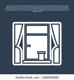 Blue line Window with curtains in the room icon isolated on blue background.  Vector Illustration