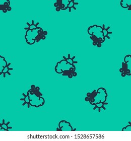 Blue line Windy weather icon isolated seamless pattern on green background. Sun with cloud and wind.  Vector Illustration