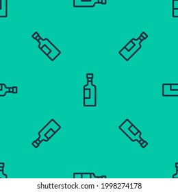 Blue line Wine bottle icon isolated seamless pattern on green background.  Vector