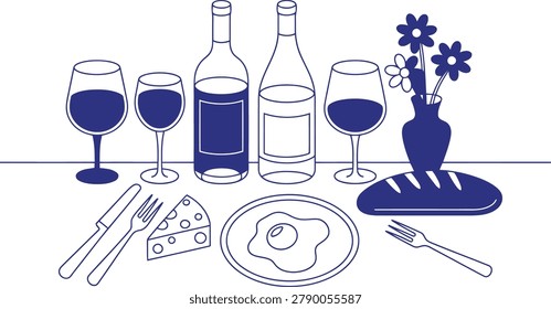 Blue Line of Wine Bottles Glasses Bread Cheese and Flower Vase