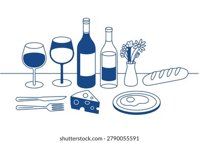 Blue Line of Wine Bottles Glasses Bread Cheese and Flower Vase Setup
