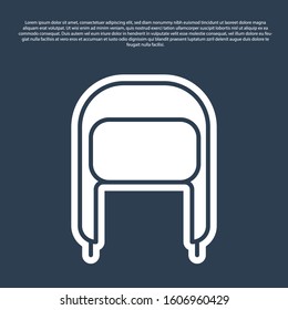 Blue line Winter hat with ear flaps icon isolated on blue background.  Vector Illustration