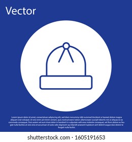 Blue line Winter hat icon isolated on blue background. White circle button. Vector Illustration