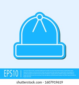 Blue line Winter hat icon isolated on grey background.  Vector Illustration
