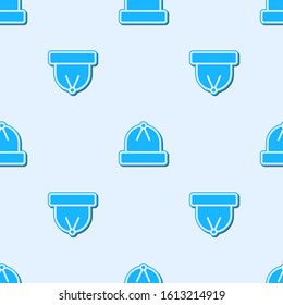 Blue line Winter hat icon isolated seamless pattern on grey background.  Vector Illustration