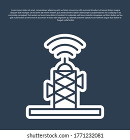 Blue line Wireless antenna icon isolated on blue background. Technology and network signal radio antenna. Vector
