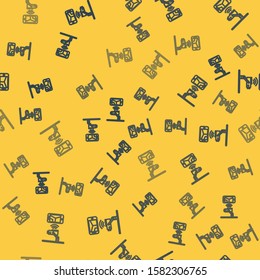 Blue line Wireless Controlling CCTV security camera with smartphone icon isolated seamless pattern on yellow background. IOT Concept and remote home appliance.  Vector Illustration