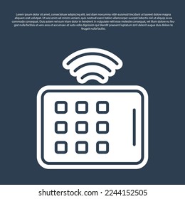 Icono de tableta inalámbrico de línea azul aislado en fondo azul. Internet de cosas con conexión inalámbrica.  Vector