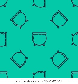 Blue line Witch cauldron icon isolated seamless pattern on green background. Happy Saint Patricks day.  Vector Illustration