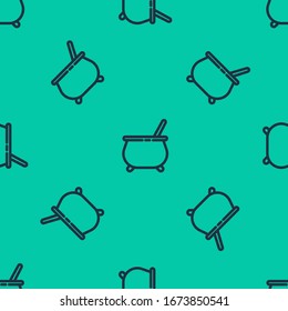 Blue line Witch cauldron icon isolated seamless pattern on green background. Happy Halloween party.  Vector Illustration