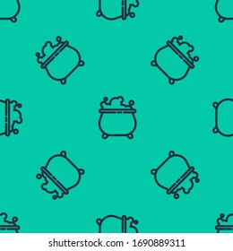 Blue line Witch cauldron icon isolated seamless pattern on green background. Happy Halloween party.  Vector Illustration