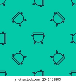 Blue line Witch cauldron icon isolated seamless pattern on green background. Happy Halloween party.  Vector Illustration