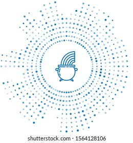 Blue line Witch cauldron and rainbow icon isolated on white background. Happy Saint Patricks day. Abstract circle random dots. Vector Illustration