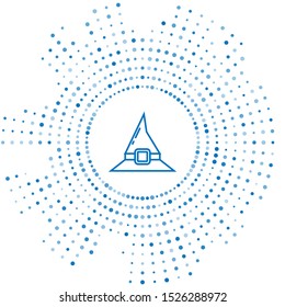 Blue line Witch hat icon isolated on white background. Happy Halloween party. Abstract circle random dots. Vector Illustration