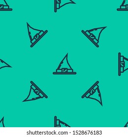 Blue line Witch hat icon isolated seamless pattern on green background. Happy Halloween party.  Vector Illustration
