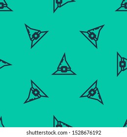 Blue line Witch hat icon isolated seamless pattern on green background. Happy Halloween party.  Vector Illustration