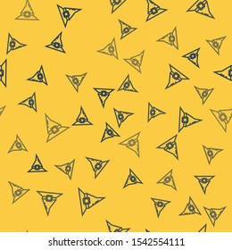 Blue line Witch hat icon isolated seamless pattern on yellow background. Happy Halloween party.  Vector Illustration