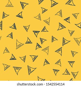 Blue line Witch hat icon isolated seamless pattern on yellow background. Happy Halloween party.  Vector Illustration