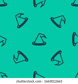 Blue line Witch hat icon isolated seamless pattern on green background. Happy Halloween party.  Vector Illustration