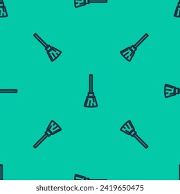 Blue line Witches broom icon isolated seamless pattern on green background. Happy Halloween party.  Vector Illustration