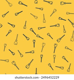 Blue line Witches broom icon isolated seamless pattern on yellow background. Happy Halloween party.  Vector Illustration