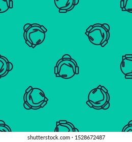 Blue line Woman with a headset icon isolated seamless pattern on green background. Support operator in touch. Concept for call center, client support service.  Vector Illustration