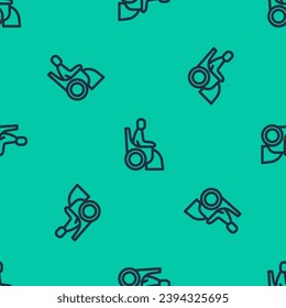 Blue line Woman in wheelchair for disabled person icon isolated seamless pattern on green background.  Vector