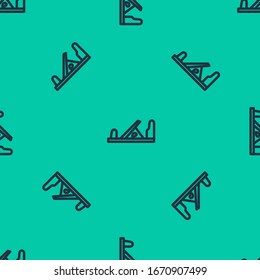 Blue line Wood plane tool for woodworker hand crafted icon isolated seamless pattern on green background. Jointer plane.  Vector Illustration