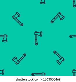 Blaue Linie Hölzerne Axt Symbol einzeln auf grünem Hintergrund. Lumberjack-Axt Vektorillustration-Illustration