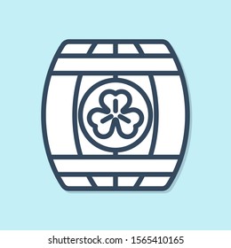 Blue line Wooden barrel with four leaf clover icon isolated on blue background. Alcohol barrel, wooden keg for beer, whiskey, wine.  Vector Illustration