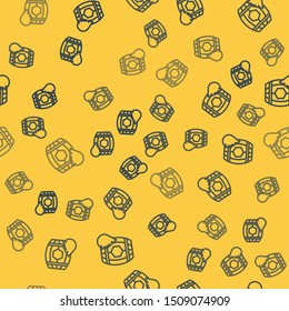 Blue line Wooden barrel with honey icon isolated seamless pattern on yellow background.  Vector Illustration