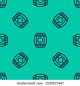Blue line Wooden barrel with honey icon isolated seamless pattern on green background.  Vector Illustration