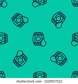 Blue line Wooden barrel with honey icon isolated seamless pattern on green background.  Vector Illustration