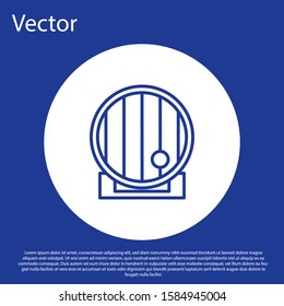 Blue line Wooden barrel icon isolated on blue background. Alcohol barrel, drink container, wooden keg for beer, whiskey, wine. White circle button. Vector Illustration
