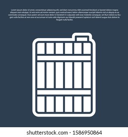 Blue line Wooden barrel icon isolated on blue background. Alcohol barrel, drink container, wooden keg for beer, whiskey, wine.  Vector Illustration