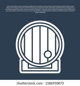 Blue line Wooden barrel icon isolated on blue background. Alcohol barrel, drink container, wooden keg for beer, whiskey, wine.  Vector Illustration