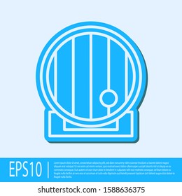 Blue line Wooden barrel icon isolated on grey background. Alcohol barrel, drink container, wooden keg for beer, whiskey, wine.  Vector Illustration