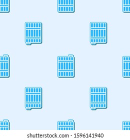 Blue line Wooden barrel icon isolated seamless pattern on grey background. Alcohol barrel, drink container, wooden keg for beer, whiskey, wine.  Vector Illustration