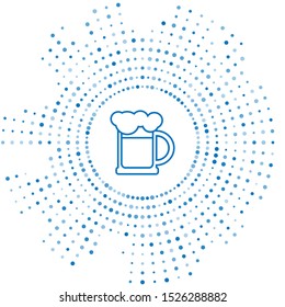 Blue line Wooden beer mug icon isolated on white background. Abstract circle random dots. Vector Illustration