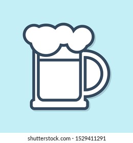 Blue line Wooden beer mug icon isolated on blue background.  Vector Illustration