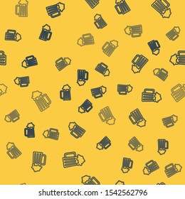 Blue line Wooden beer mug icon isolated seamless pattern on yellow background.  Vector Illustration